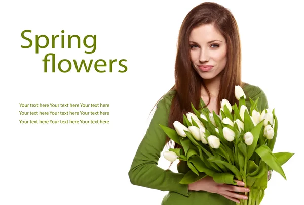 Γυναίκα με τουλίπες ανθοδέσμη των λουλουδιών που είναι χαμογελώντας απομονωθεί σε λευκό — Φωτογραφία Αρχείου