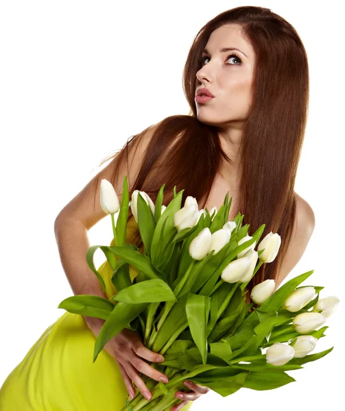 Kvinna med tulpaner blombukett leende isolerad på vit — Stockfoto