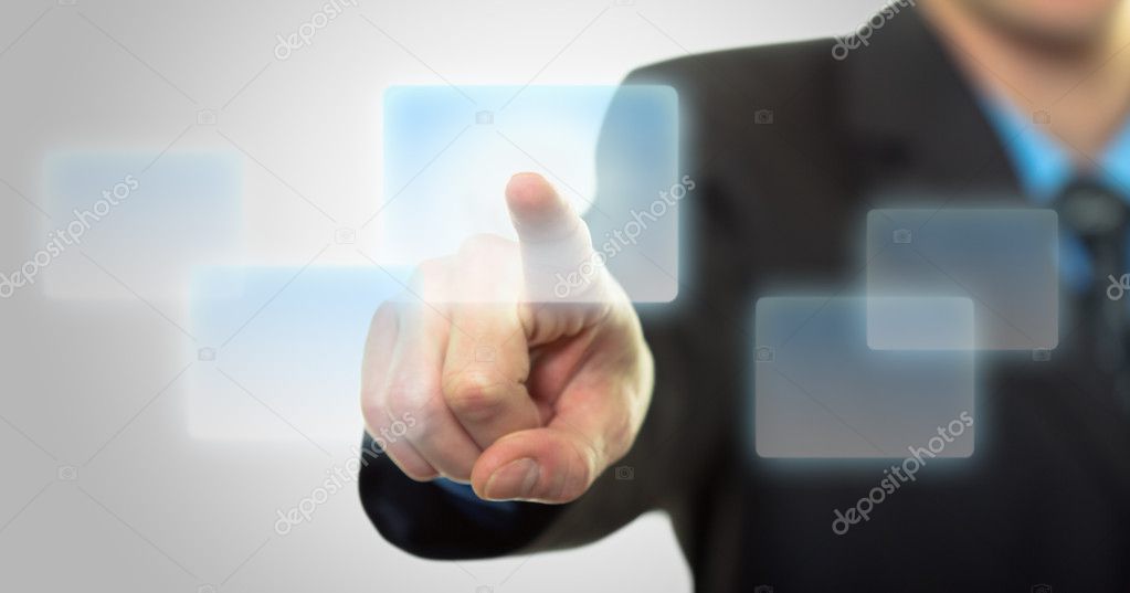 Businessman hand pushing the virtual button