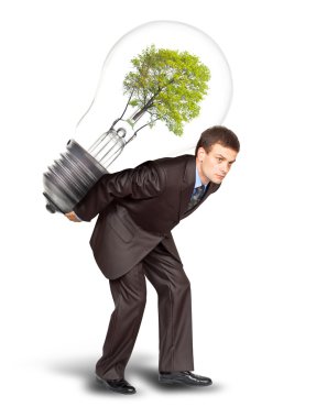 Businessman with eco lamp on back clipart