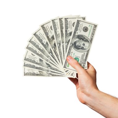 Men's hand holds a fan of dollars clipart