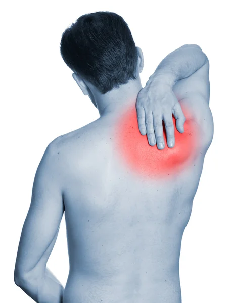 stock image Rear view of a young man holding her neck in pain