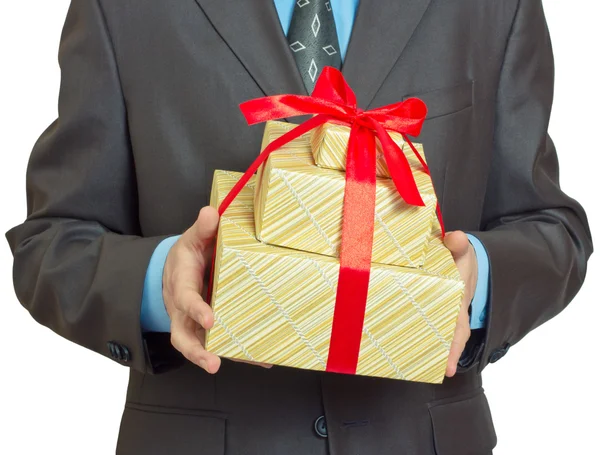 Businessman present gift box with red ribbon bow Royalty Free Stock Images