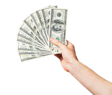 Men's hand holds a fan of dollars clipart