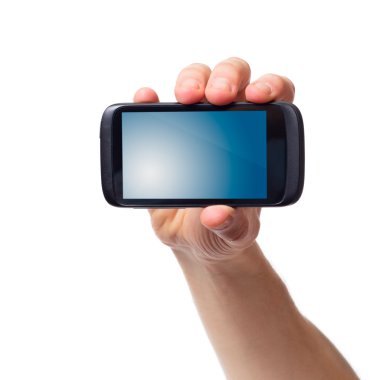 Cell phone (smartphone with touchscreen) in male hand clipart