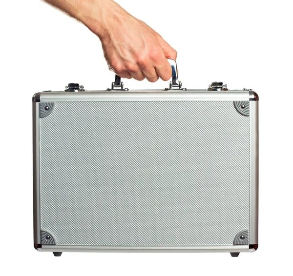 Silver metal briefcase in hand — Stock Photo, Image
