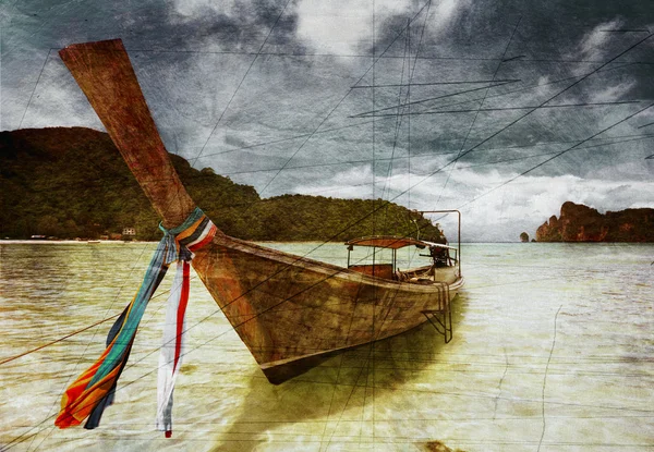 グランジ スタイルの熱帯の海でボート — ストック写真