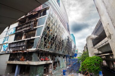 Fire damaged exterior of Central World Plaza in Bangkok clipart