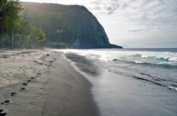 Praia de areias vulcânicas na Ilha Grande em tempo tempestuoso. Havaí — Fotografia de Stock