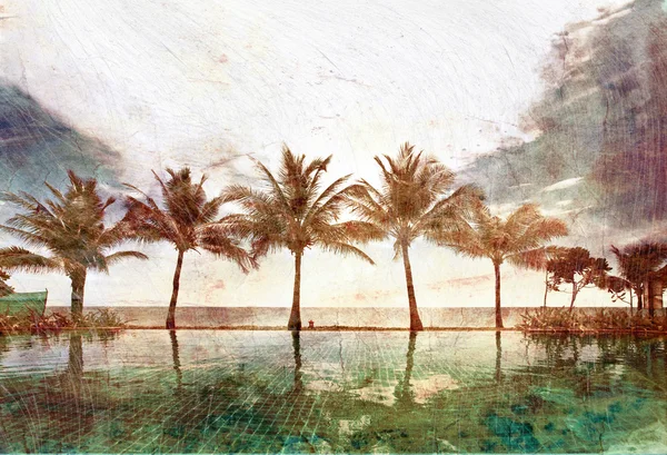 Réflexions de palmiers dans la piscine dans un style grunge et rétro — Photo