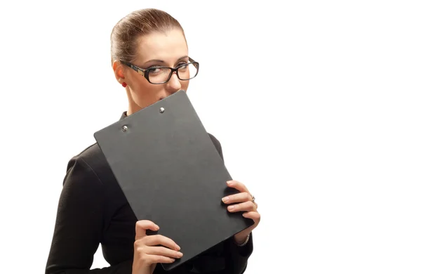 stock image Business woman with clipboard isolated on white