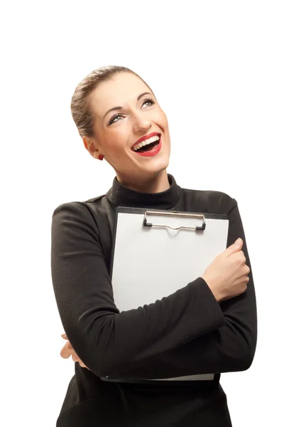 Glückliche Geschäftsfrau isoliert auf weiß Stockbild