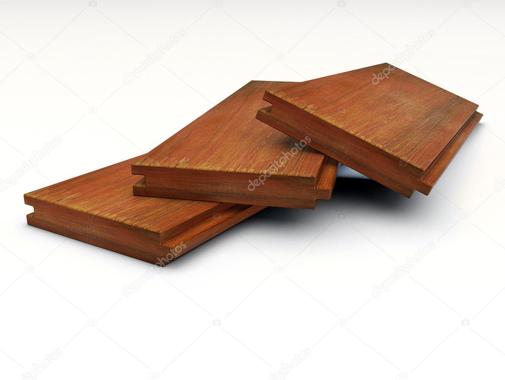 Three pieces of grooved wooden boards lying on white