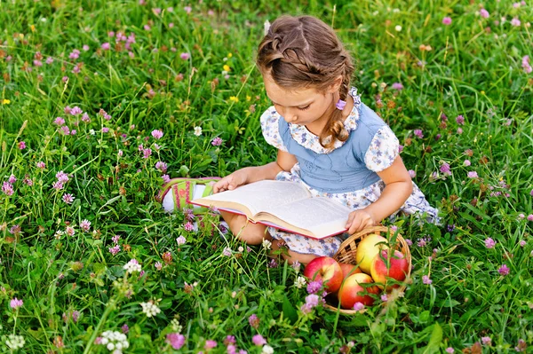 Bambina seduta sull'erba con mele e libro — Foto Stock