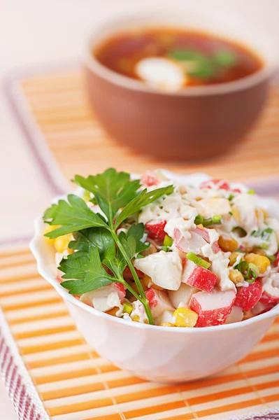 Crab salad and Russian borscht — Stock Photo, Image