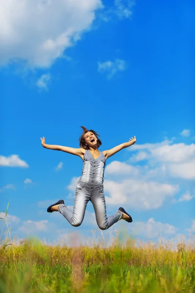 Funny girl jumps up — Stock Photo, Image
