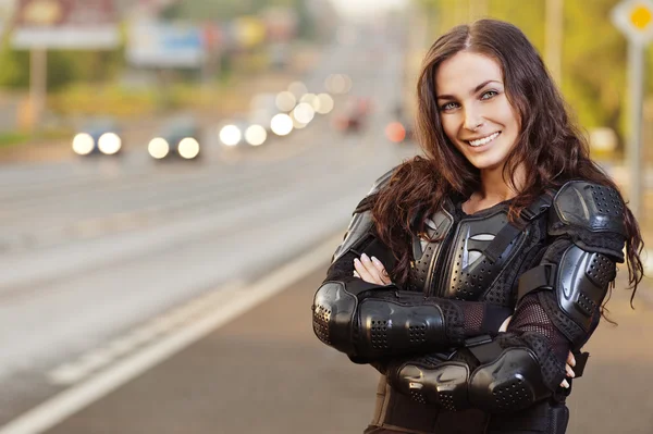 Portrait young charming woman standing roadside — Stock Photo, Image