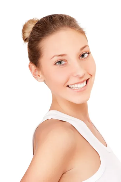 Portré a gyönyörű fiatal nő mosolygó elszigetelt fehér fonákkal — Stock Fotó
