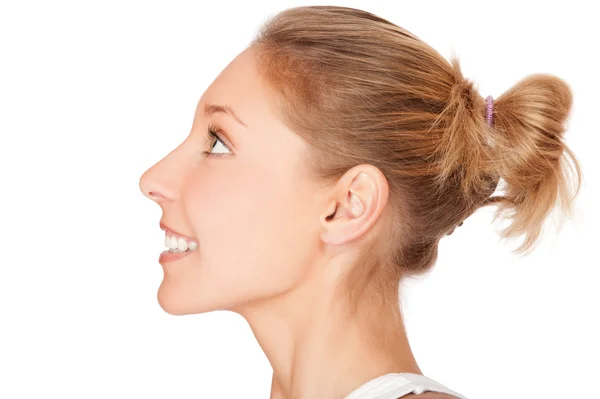 Profile portrait of beautiful young smiling woman isolated on wh — Stock Photo, Image