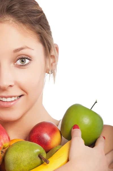 Hermosa joven sosteniendo algunas frutas aisladas en el respaldo blanco —  Fotos de Stock