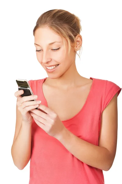 Bela jovem com telefone isolado no fundo branco — Fotografia de Stock