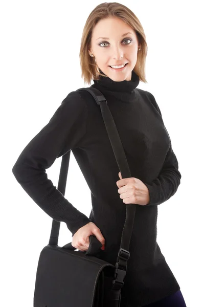 Hermosa joven sonriente mujer con maletín sobre su hombro i —  Fotos de Stock