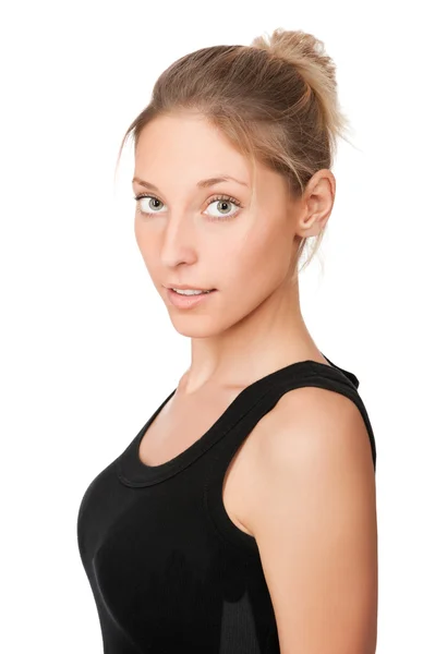 Portret van mooie jonge vrouw geïsoleerd op witte achtergrond Stockfoto