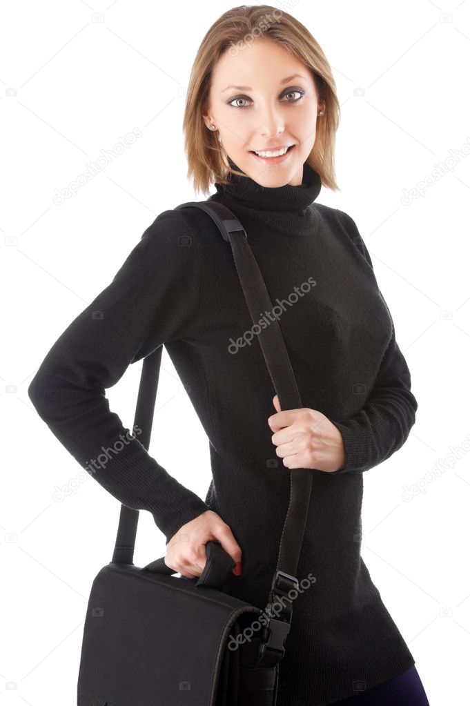 Beautiful young smiling woman with briefcase over her shoulder i