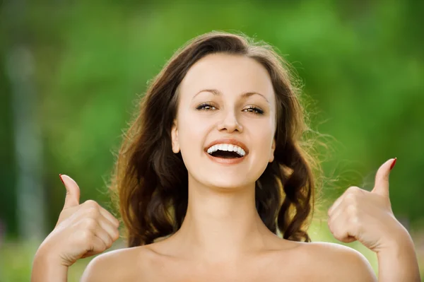 Portrait ofl young woman hands make thumbs up — Stock Photo, Image