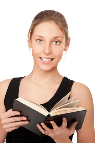 Hermosa joven con libro aislado sobre fondo blanco — Foto de Stock