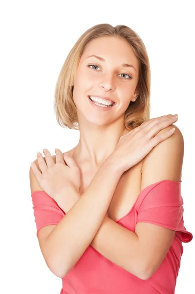 Vrouw met handen gevouwen tegen geïsoleerd op witte backg — Stockfoto