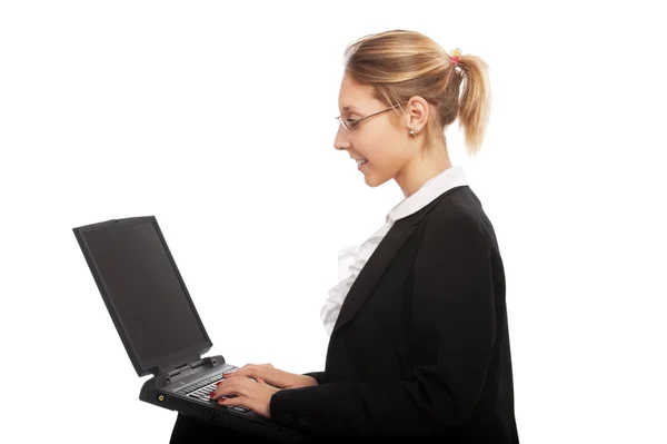 Mooie jonge zakenvrouw met behulp van laptop geïsoleerd op witte bac — Stockfoto