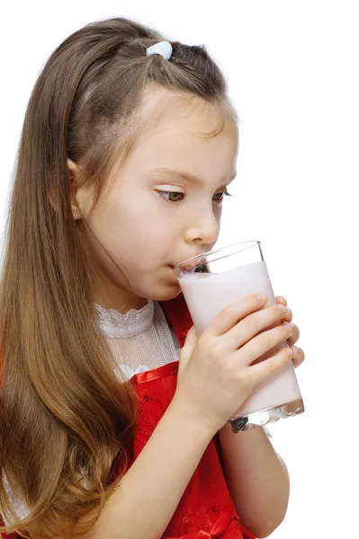 Little girl drinks milk — Stock Photo, Image