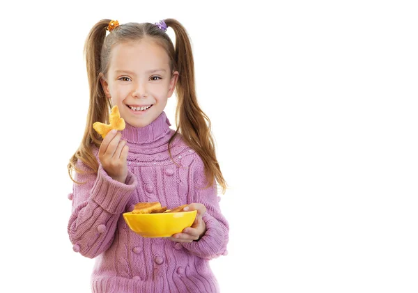 Little girl holding plate of cookies in form of butterflies — Stock Photo, Image