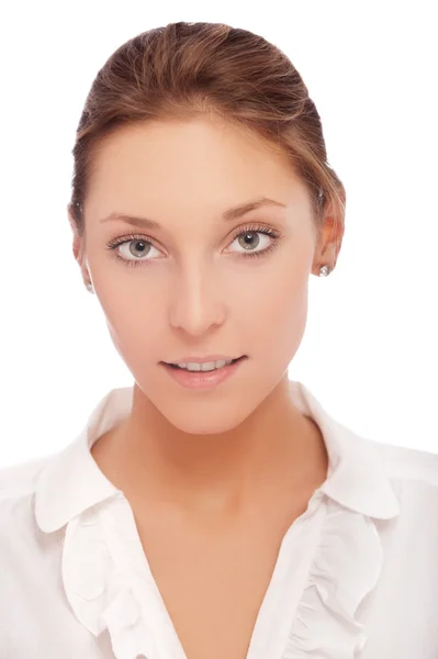 Retrato de bela jovem mulher isolada no fundo branco — Fotografia de Stock