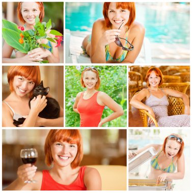 Collage of beautiful woman at resort clipart