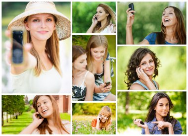 Young women talking on cell phone clipart