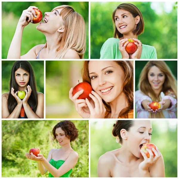 Mladé krásné ženy s jablky — Stock fotografie