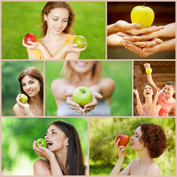 Unga vackra kvinnor med äpplen — Stockfoto