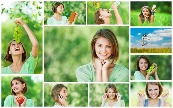 Collage av glada unga vackra kvinnan — Stockfoto