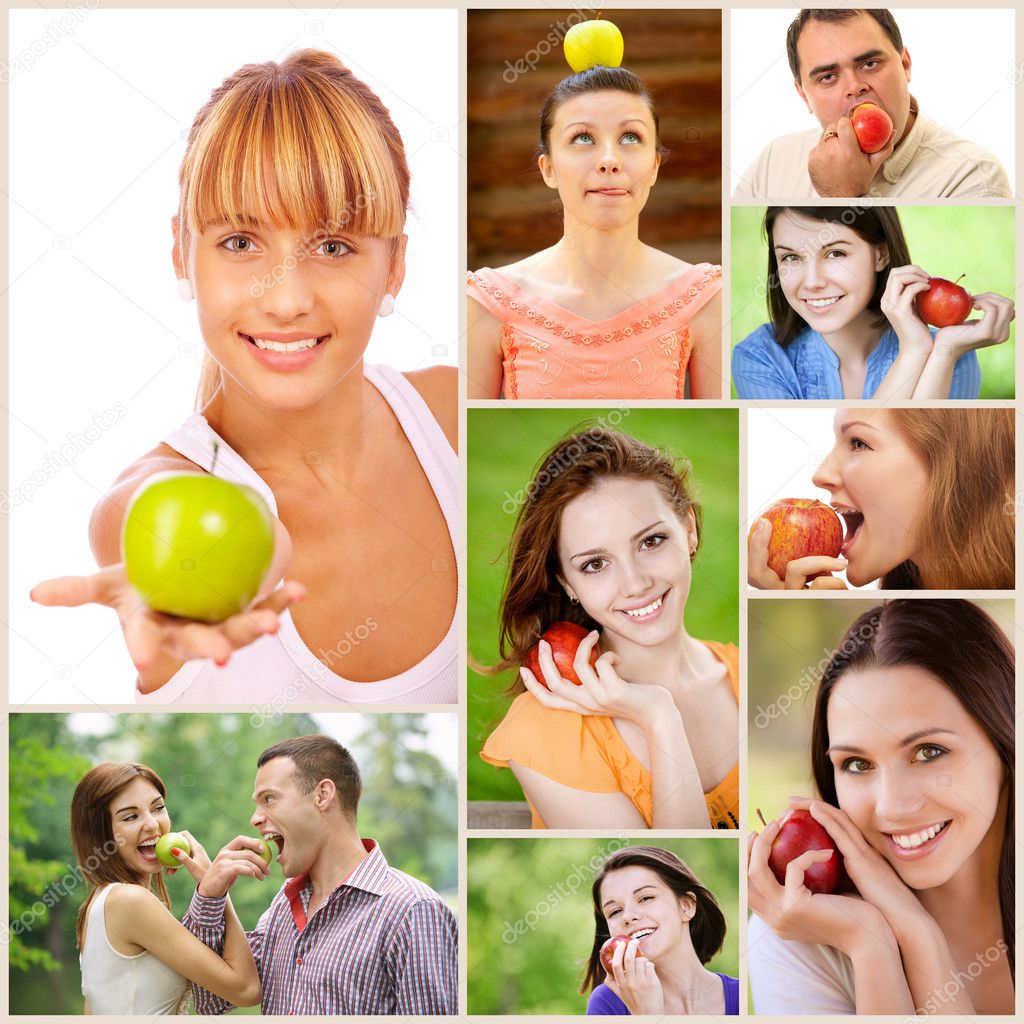 Young beautiful women and men with apples
