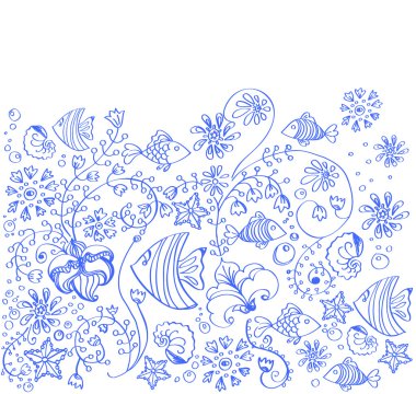 sea background with fish and flowers clipart