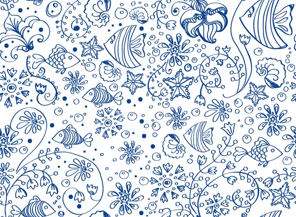Άνευ ραφής θαλασσινό background με ψάρια και λουλούδια πάνω από λευκό — Διανυσματικό Αρχείο