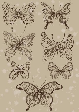 Vintage çizilmiş kelebek set