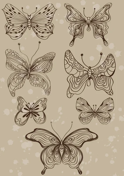 手描きのヴィンテージ蝶セット — ストックベクタ