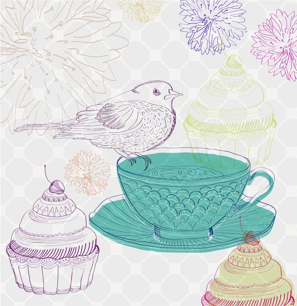 Fundo de tempo de chá com cupcakes e pássaro — Vetor de Stock