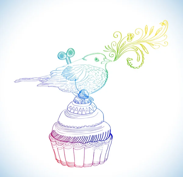 Φόντο με cupcake και το κουρδιστό πουλί — Διανυσματικό Αρχείο