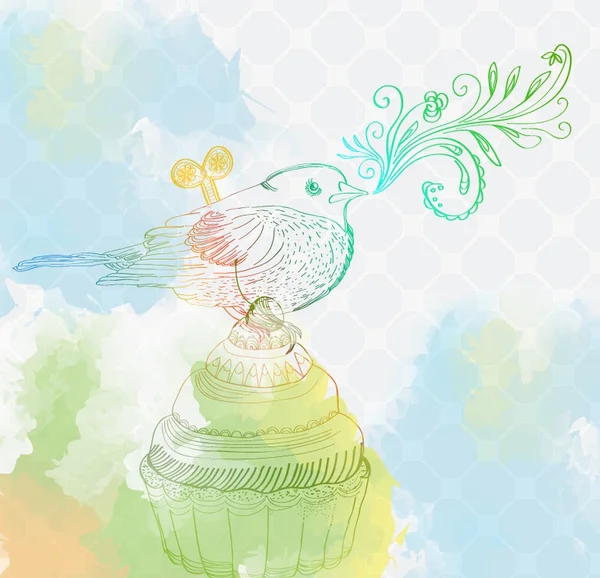 Fond avec cupcake et oiseau — Image vectorielle