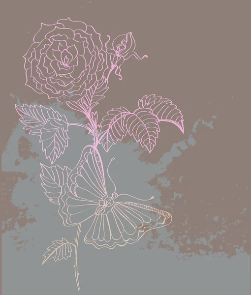 Fondo de garabato con rosas y mariposas, dibujo a mano — Vector de stock
