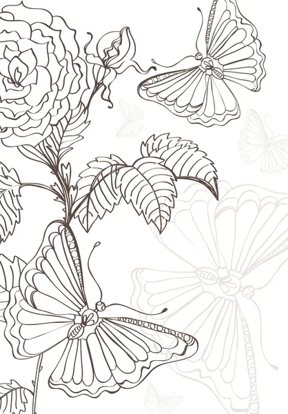 Doodle tło z róż i motyle, rysunek odręczny — Wektor stockowy